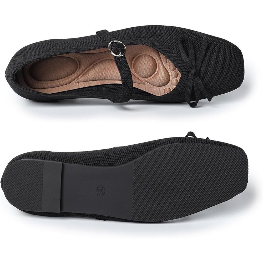 Women Black Fabric Upper And Rubber Sole Casual Ballet Flats With Ankle Strap - Picture 2 of 6